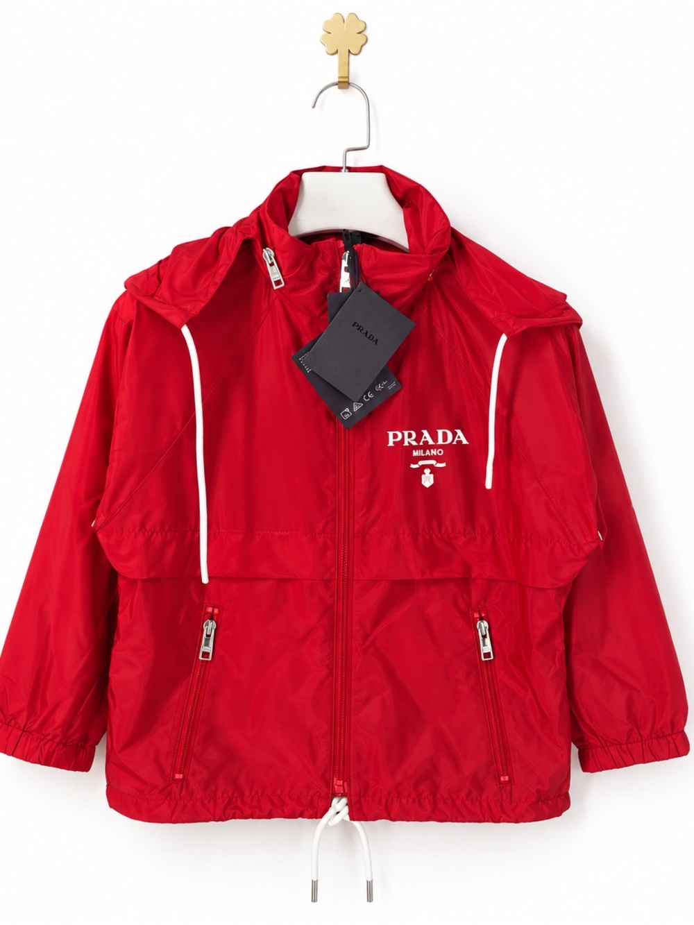 Prada Red Hooded Raincoat with White Drawcords